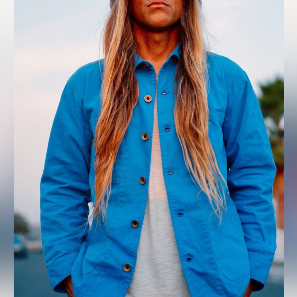 Beautiful cornflower blue chore coat from Imperfects brand